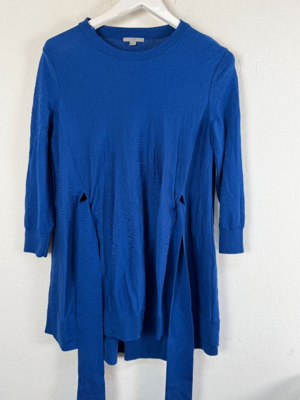 COS Womens 100% Wool Knit Sweater Tunic Tie Waist Cobalt Blue Medium Pullover